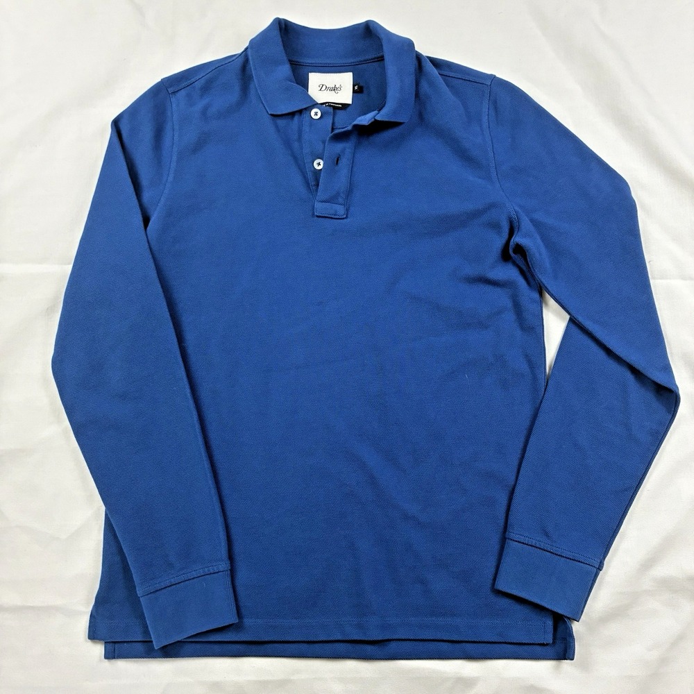 Drakes London Blue Long Sleeve Polo Cotton Made in Portugal XS